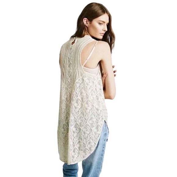 Free People Maisie Tunic Antique Ivory Lace High Neck Sleeveless Blouse Tank Med - Picture 2 of 12